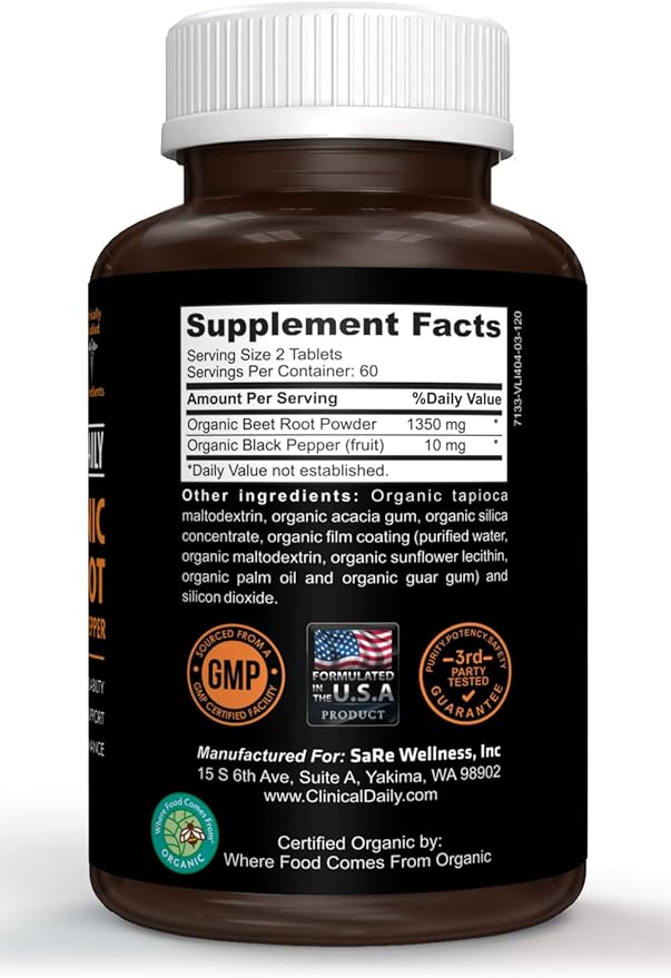 Clinical Daily USDA Organic Beet Root Powder Tablets for Fast Dissolution. 1350mg Beets Blood Circulation Supplements Support Blood Pressure, Energy, High Athletic Performance. Non-GMO 120 Beet Pills