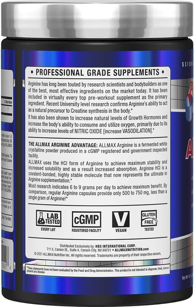 ALLMAX Essentials ARGININE HCL - 400 g - Precursor for Synthesis of Nitric Oxide - Vegan & Gluten Free - 200 Servings