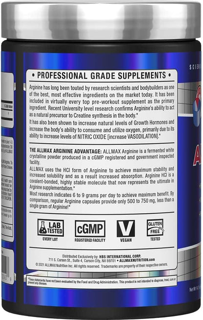ALLMAX Essentials ARGININE HCL - 400 g - Precursor for Synthesis of Nitric Oxide - Vegan & Gluten Free - 200 Servings