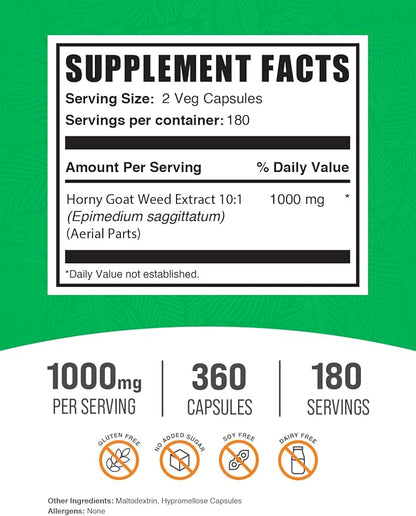 BulkSupplements.com Horny Goat Weed Capsules - Epimedium Extract, Horny Goat Weed Herbal Supplements - Vegan, 2 Capsules per Serving (1000mg), 360 Veg Capsules (Pack of 1)