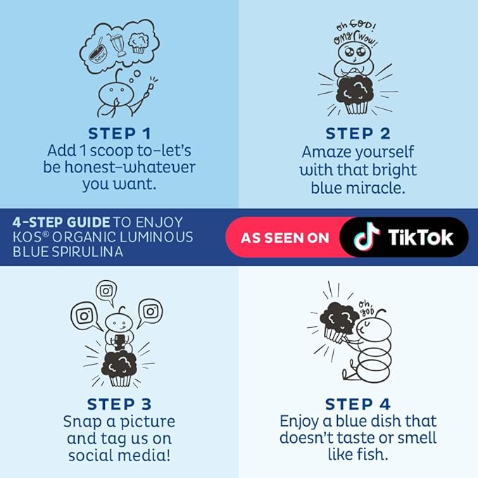 KOS Energizing Blue Spirulina Blend - USDA Certified Organic - B Vitamins, Ashwagandha, Ginseng, Adaptogens, Biotin - Vegan Pre Workout Powder - Caffeinated, Berry Flavored, 28 Servings