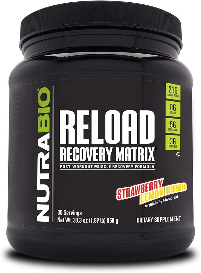 NutraBio Reload - Powerful Muscular Recovery Formula - Post-Workout Supplement - 3G Creatine - 8G BCAAs - 5G Glutamine - 30 Servings, Strawberry Lemon Bomb