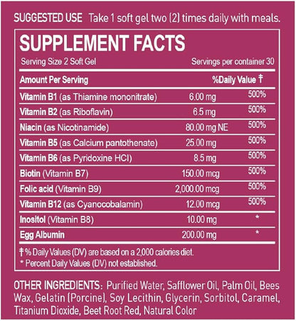 B-Complex 500 with Albumin - Dietary Supplement for Energy & Immune Support - 60 Softgels, 30 Day Supply