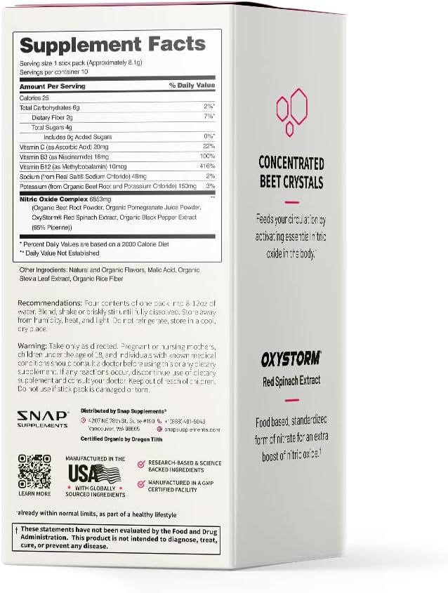 Snap Supplements Nitric Oxide Organic Beet Root Powder, Circulation Superfood On-The-Go, Convenient Single Serve Packs (10 Packs)