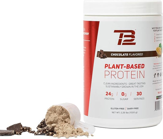 TB12 Plant Based Protein Powder by Tom Brady, 24g of Vegan Pea Protein, Low Sugar, Low Carb, Non-GMO, Meal Replacement, Keto Friendly, Paleo, Sugar Free, Chocolate Flavor (30 Servings/2.25lbs)