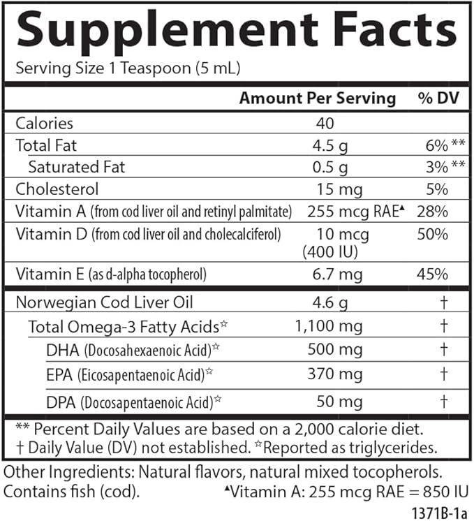 Carlson - Cod Liver Oil, 1100 mg Omega-3s, Plus Vitamins A and D3, Wild Caught Norwegian Arctic Cod Liver Oil, Sustainably Sourced Nordic Fish Oil Liquid, Green Apple, 250 mL (8.4 Fl Oz)