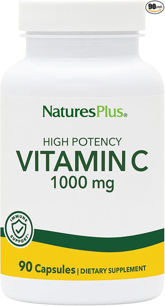Natures Plus Vitamin C - 1000 mg Ascorbic Acid, 90 Vegetarian Capsules - High Potency Vascular & Immune Support Supplement, Antioxidant - Corn-Free, Gluten-Free - 90 Servings