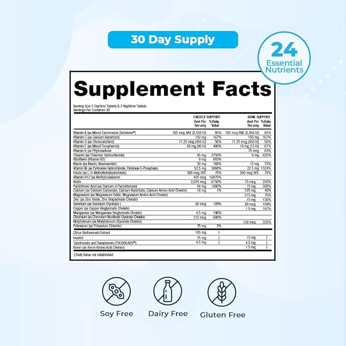 Multivitamin Day & Night Routine | Energy & Mental Clarity, Bones & Joints, Beauty, Restful Sleep | 30-Day Supply | Vitamins A, C, D, E, B-Complex | Magnesium, Biotin, Zinc, Botanicals, & Minerals
