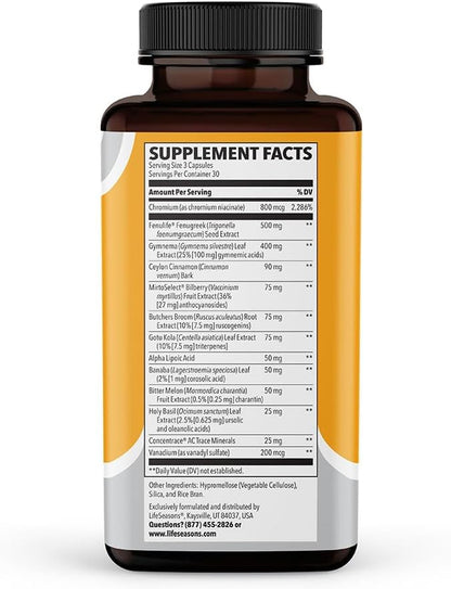 LifeSeasons - GS Stabili-T - Blood Sugar Support Supplement - Healthy Circulation & Vision - Maintain Normal Levels - Chromium Cinnamon Gymnema Bilberry & Alpha Lipoic Acid - 90 Capsules