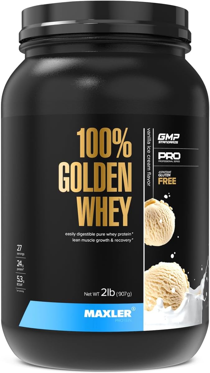 Maxler 100% Golden Whey Protein - 24g of Premium Whey Protein Powder per Serving - Pre, Post & Intra Workout - Fast-Absorbing Whey Hydrolysate, Isolate & Concentrate Blend - Vanilla Ice Cream 2 lbs
