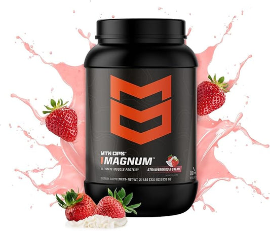 MTN OPS Magnum Strawberry Protein Powder, 23g of Whey Isolate Protein & Milk Protein with BCAAs, Zero Sugar & Gluten Free, Strawberries & Cream, 30-Serving Tub