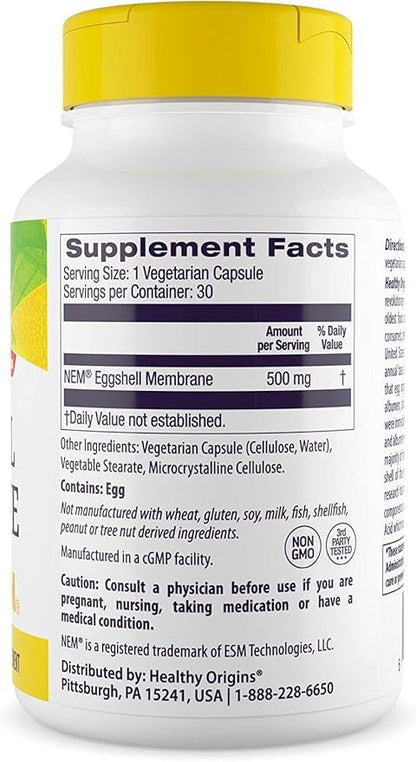 Healthy Origins Eggshell Membrane (NEM), 500 mg - Natural Collagen and Joint Support Supplement - Gluten-Free Supplement - 30 Veggie Capsules