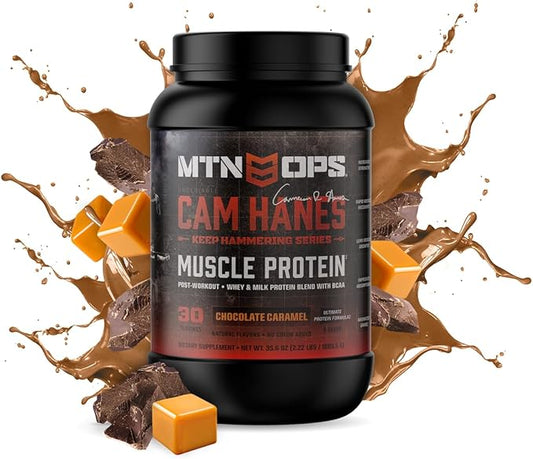 MTN OPS Cameron Hanes Keep Hammering Whey Protein Powder, Chocolate Caramel Flavor, 30 Servings