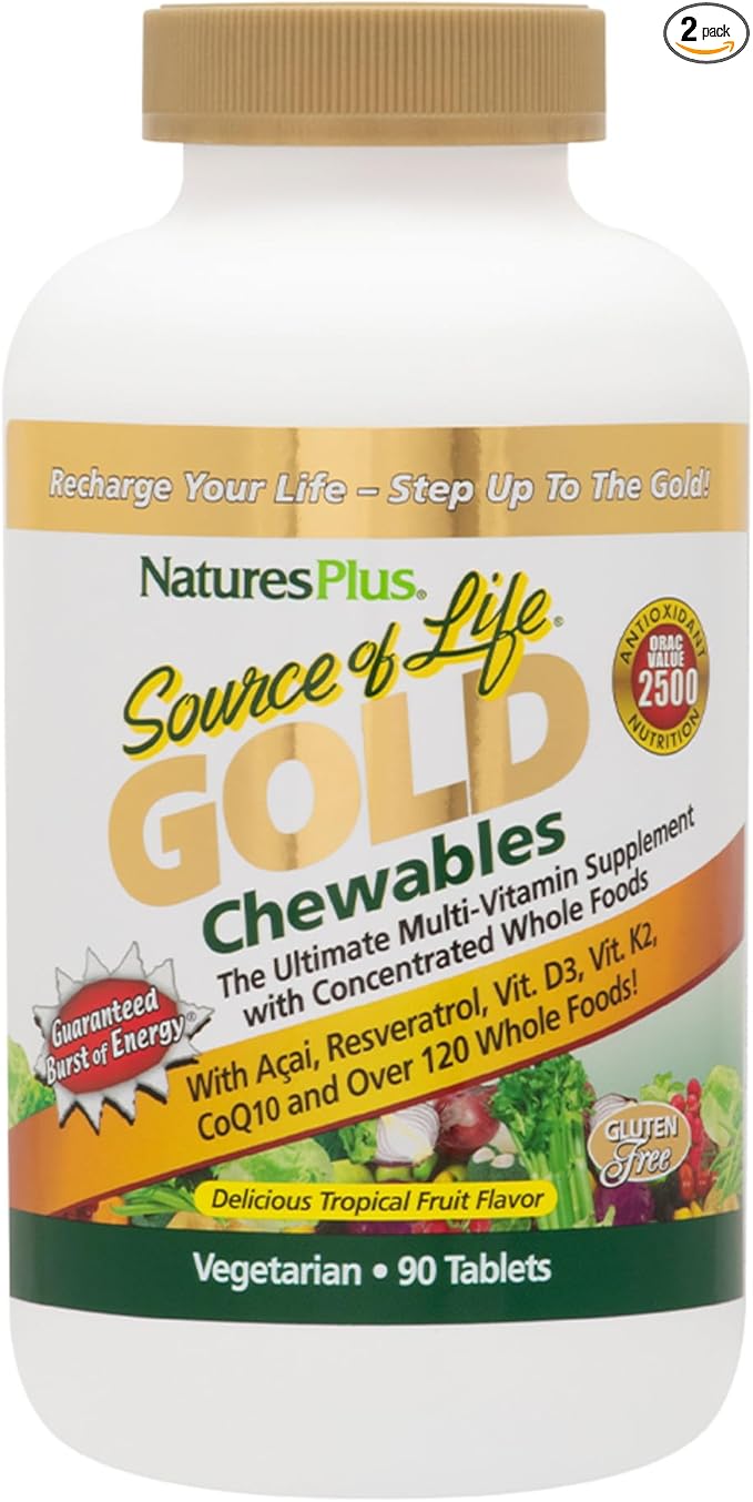 Natures Plus Source of Life Gold Multivitamin - 90 Chewable Tablets, Pack of 2 - with Vitamins D3, B12, K2 & More Than 120 Whole Foods - Blood, Bone & Immune Support - Gluten Free - 30 Servings