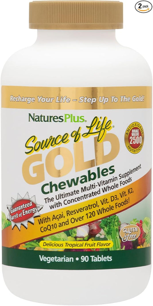 Natures Plus Source of Life Gold Multivitamin - 90 Chewable Tablets, Pack of 2 - with Vitamins D3, B12, K2 & More Than 120 Whole Foods - Blood, Bone & Immune Support - Gluten Free - 30 Servings