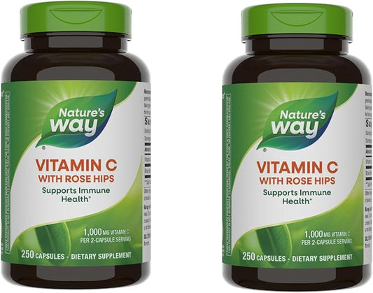 Nature's Way Vitamin C with Rose Hips, Powerful Antioxidant & Immune Function Support from Vitamin C*, Promotes Collagen for Healthy Skin*, 1,000 mg Vitamin C per 2-Capsule Serving, 250 Capsules