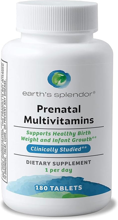 Earth's Splendor Prenatal Multivitamin: Supports a Healthy Pregnancy, Growth/Brain Development for Baby, Folic Acid, Iron, Non-GMO, MMS Clinically Studied Formulation - 6 Month Supply, 180 Tablets