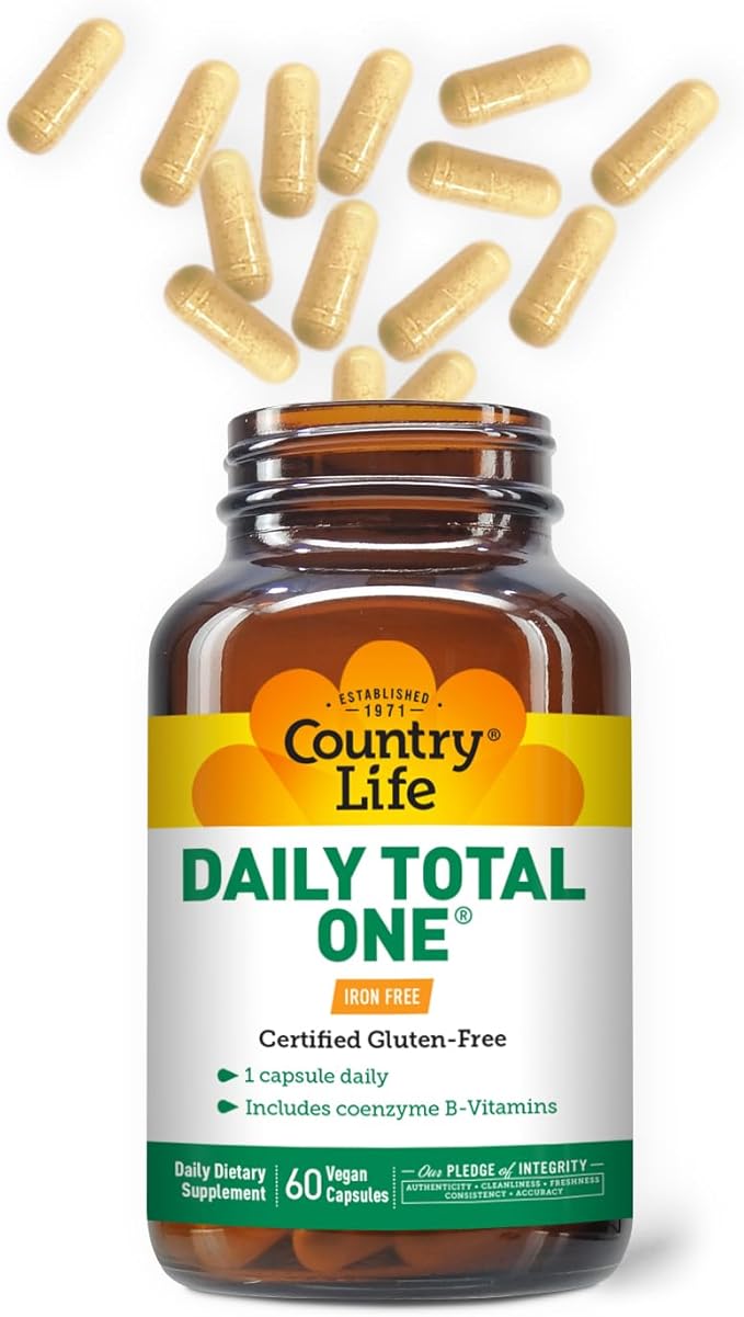 Country Life Daily Total One Multivitamin, Iron Free Once a Day Multivitamin & Multimineral Complex, Vitamins A, C, D, Including Coenzyme B-Vitamins, Supports Energy Metabolism, 60 Vegan Capsules