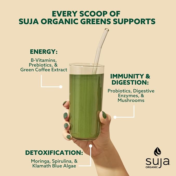 Suja Organic Greens Powder Probiotic Blend, Spirulina, Daily Superfood Drink or Smoothie Mix for Immune Support, Digestion, & Energy, Vegan, Gluten Free, Non GMO, 30 Servings