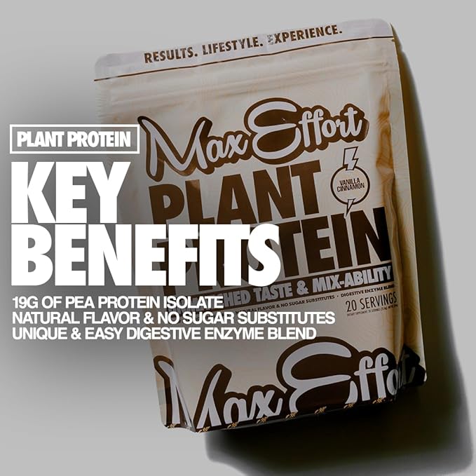 MAX EFFORT Plant Protein Powder, 17 G Pea Protein, Plant Based, Gluten Free, Low Carb, Protein Shake or Smoothie Mix, Meal Replacement, No Whey, No Sugar Substitutes, Vanilla Cinnamon, 20 Srvg