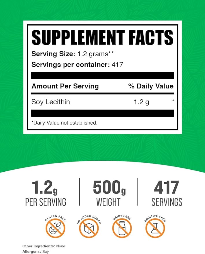 BulkSupplements.com Soy Lecithin Powder - Lecithin Supplement, Lecithin 1200mg Powder - Lecithin Powder Food Grade, Gluten Free, 1200mg per Serving, 500g (1.1 lbs) (Pack of 1)