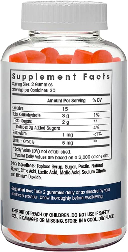Lithium Orotate Gummies 5mg per Serving - Third Party Tested, Plant Based. Alterative to Lithium Drops or Pills. Trace Mineral for Mood Support- Strawberry Flavored Lithium Supplements- 60 Count