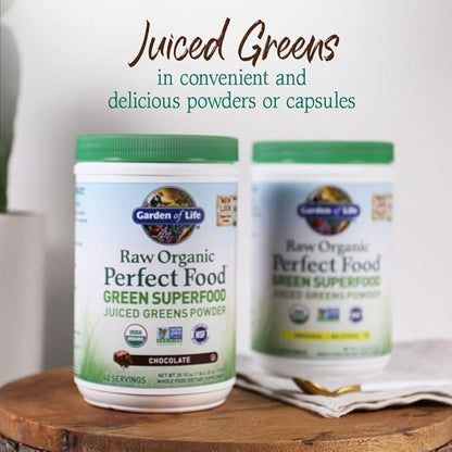Garden of Life Raw Organic Perfect Food Green Superfood Juiced Greens Powder - Chocolate, 60 Servings, Non-GMO, Gluten Free, Vegan Whole Food Dietary Supplement, Plus Probiotics, Enzymes