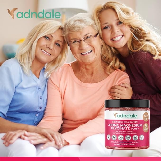 90 CT Magnesium Glycinate Gummies 400 mg/Serv - with Ashwagandha, Magnesium Malate & Taurate - Sugar Free Chews for Adults & Kids Relaxation, Stress Relief, Night Rest, Muscle & Cardio Support