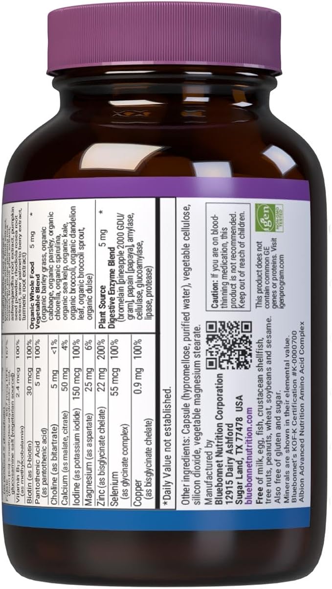 Bluebonnet Nutrition One for Men Whole Food-Based Multiple, Daily Nutrition*, Non-GMO, Vegetarian Friendly, Kosher, Gluten-Free, Soy-Free, Dairy-Free, Iron Free, 30 Vegetable Capsules, 30 Servings