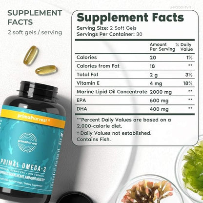 Primal Harvest Omega 3 Fish Oil Supplements, 30 Servings Soft Gels Capsules w/ 1000mg EPA + DHA Supplements, No Fishy Burps Non-GMO Omega 3 Fatty Acid