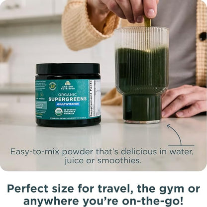 Ancient Nutrition Organic SuperGreens Powder with Probiotics, Organic Multivitamin Greens, Made from Real Fruits, Vegetables and Herbs, Digestive and Energy Support, 12 Servings, 3.6oz