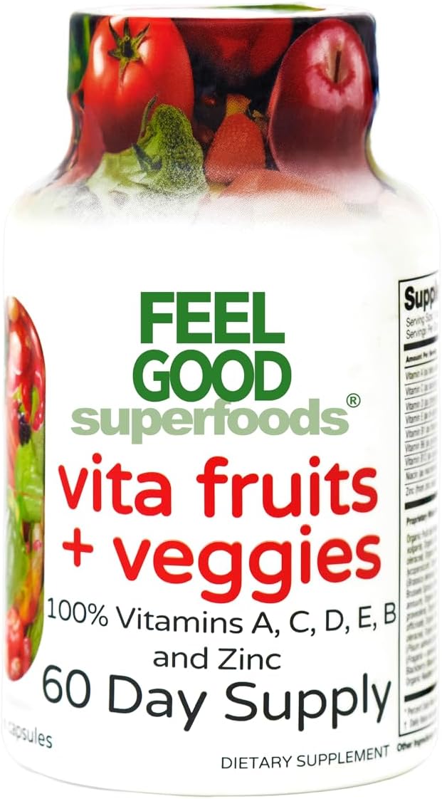 Vita Fruits and Veggies Capsules - 25 Superfood Ingredients, Fruit and Vegetable Multivitamin, 60 Count - For men and women - Vitamins A, C, D, E, B and Zinc