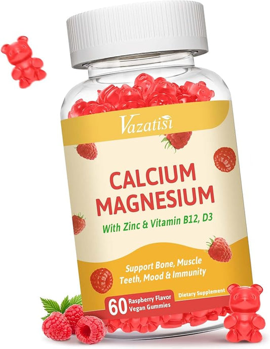 Calcium Gummies with Magnesium, Zinc, Vitamin D3 & B12, Calcium Supplements for Women Men, Support Bone, Muscle and Immunity, 60 Vegan Raspberry Flavor Gummies