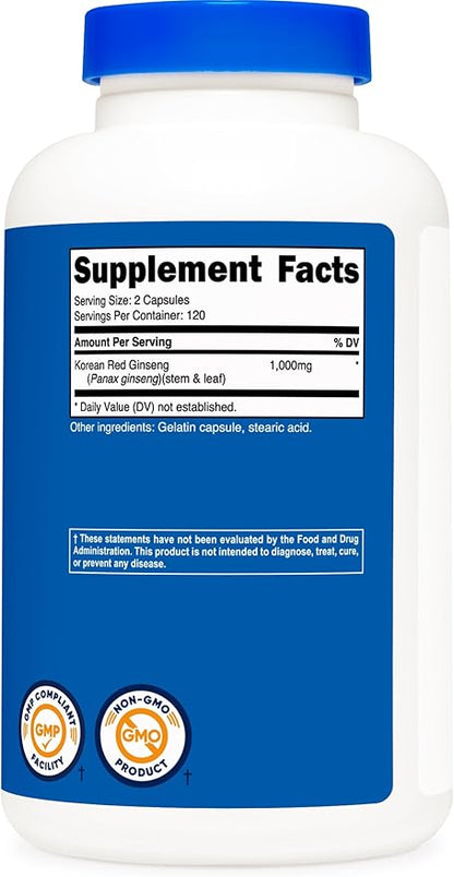 Nutricost Korean Ginseng 1000mg Serving, 240 Capsules - 1000mg Potent Serving Size, 500mg Per Capsule - Korean Red Ginseng - Gluten Free & Non-GMO