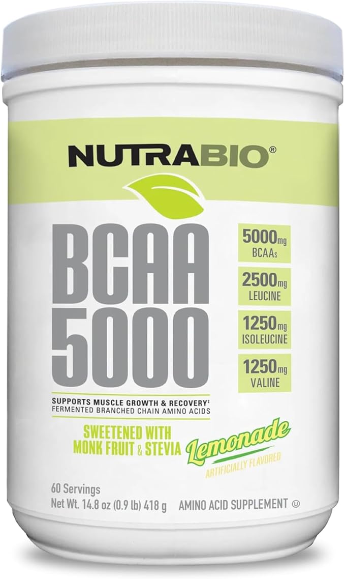 NutraBio BCAA 5000 Powder - Fermented Branched Chain Amino Acids for Muscle Growth & Recovery - Natural Flavors, Sweeteners, and Coloring, Vegan, Gluten Free - Lemonade, 60 Servings