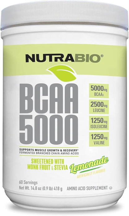 NutraBio BCAA 5000 Powder - Fermented Branched Chain Amino Acids for Muscle Growth & Recovery - Natural Flavors, Sweeteners, and Coloring, Vegan, Gluten Free - Lemonade, 60 Servings
