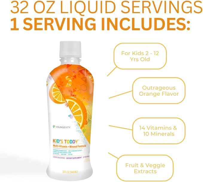 Youngevity Kid's Toddy™ - Mega Multivitamin for Kids & Children Age 2+ - 14 Vitamins, 10 Minerals, Phytonutrient Blend - Highly Absorbable - Great Tasting Orange 32 Fl Oz (Pack of 1)