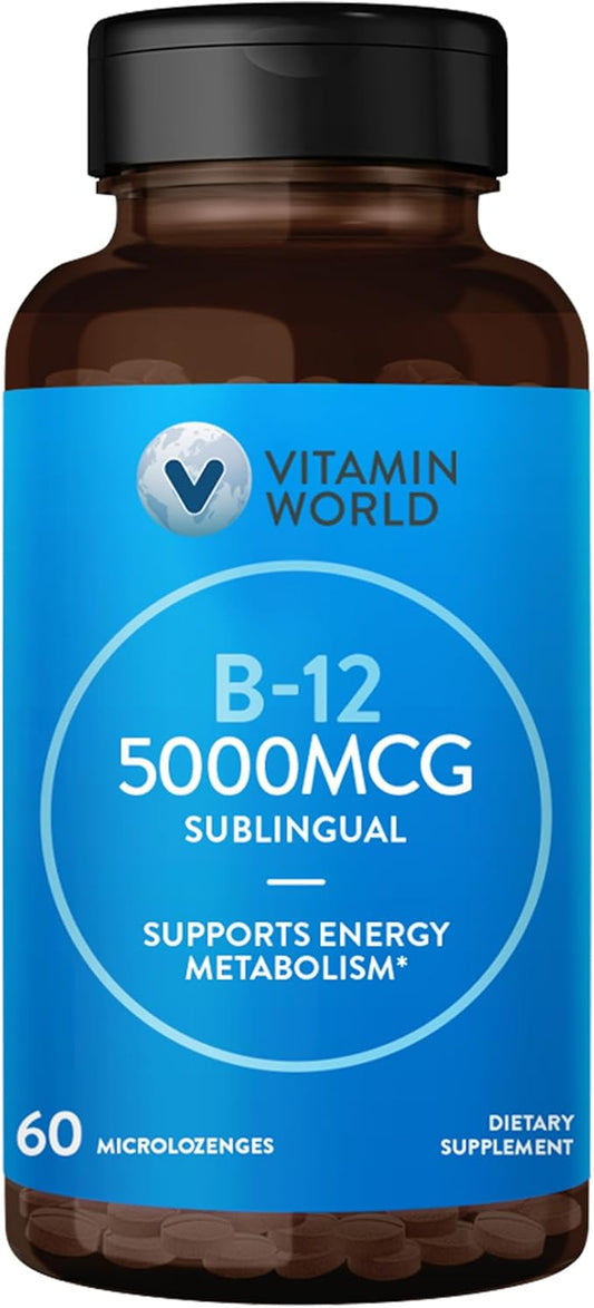 Vitamin World Vitamin B-12 5000 mcg. Sublingual 60 Microlozenges, Supports Energy Metabolism, Supports Heart Health