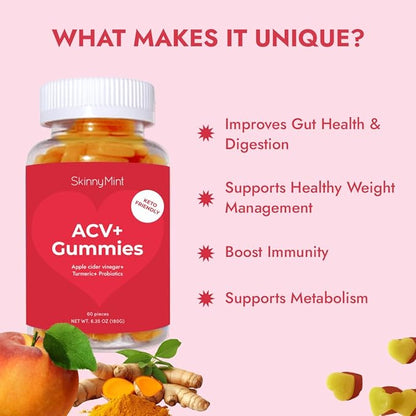 SkinnyMint Super ACV Gummies, 4-in-1 Unique Blend of Apple Cider Vinegar, Probiotics, Turmeric & Ginger to Boost Gut Health and Digestion, Metabolism and Immune Support, 60 Count