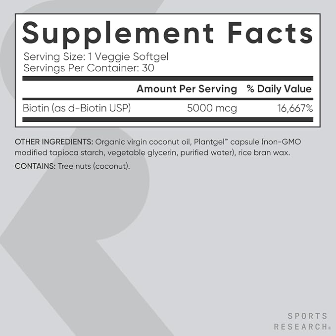 Sports Research Vegan Biotin 5000mcg with Organic Coconut Oil | Extra Strength Biotin Vitamin B7 Supplement for Hair & Skin Support | Non-GMO Verified, Soy Free, Gluten Free - 30 Softgels