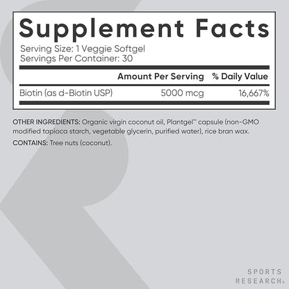 Sports Research Vegan Biotin 5000mcg with Organic Coconut Oil | Extra Strength Biotin Vitamin B7 Supplement for Hair & Skin Support | Non-GMO Verified, Soy Free, Gluten Free - 30 Softgels