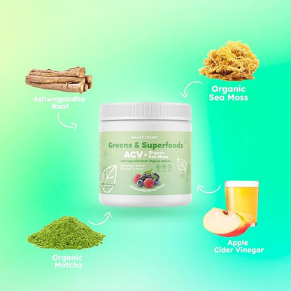 Super Greens Powder - ACV, Organic Sea Moss, Ashwagandha Root, Organic Matcha - Digestion*, Detox*, Bloating*, & More, Berry