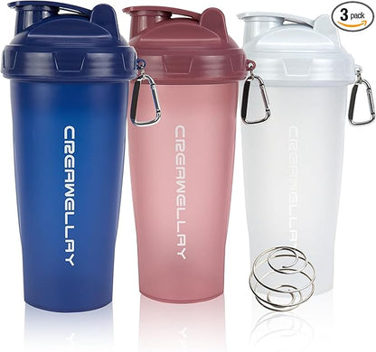 3 Pack Protein Shaker Bottle, 24 oz Protein Shaker Cup with Wire Shaker Ball for Pre Workout, Shake Bottle with Carrying Handle, BPA-Free & Dishwasher Safe (White, Pink, Blue)