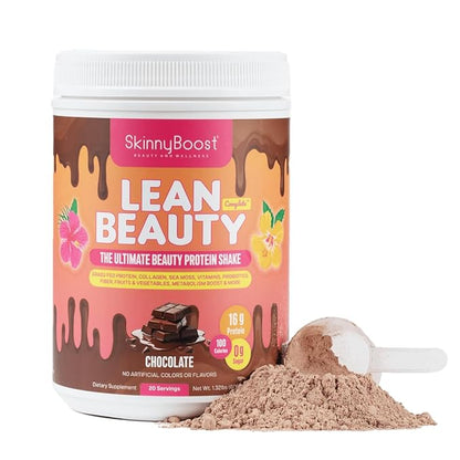 Lean Beauty Shake Protein Powder-Chocolate- Grass Fed Whey Protein, Hydrolyzed Collagen, Beauty Ingredients, Vitamins and Metabolism Support, No Sugars, All Natural, 20 Servings, Made in USA