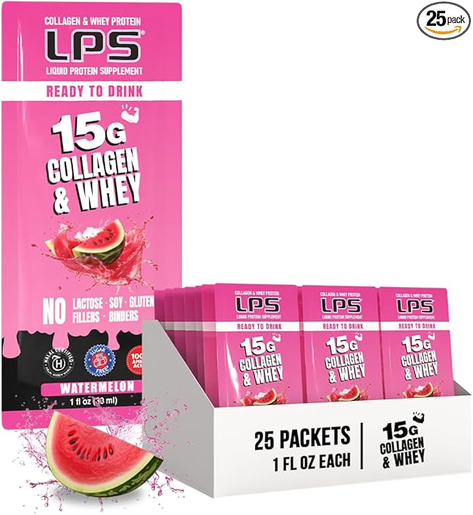 Nutritional Designs LPS Liquid Collagen & Whey Protein Supplement - Non-GMO Drink, Sugar-Free - Promotes Healthy Skin & Hair for Men & Women, Watermelon, Single Serve (25 Packets)