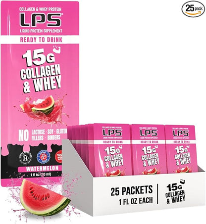 Nutritional Designs LPS Liquid Collagen & Whey Protein Supplement - Non-GMO Drink, Sugar-Free - Promotes Healthy Skin & Hair for Men & Women, Watermelon, Single Serve (25 Packets)
