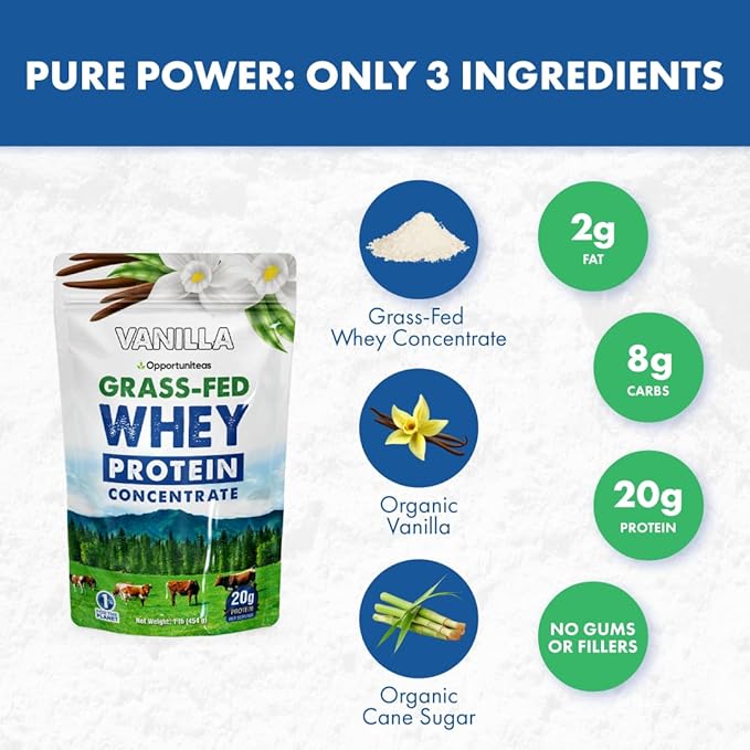 Opportuniteas Grass Fed Whey Protein Powder Concentrate - Vanilla - Pure Protein Supplement - Non GMO, Hormone Free & Gluten Free - 1lb