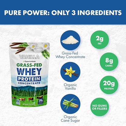 Opportuniteas Grass Fed Whey Protein Powder Concentrate - Vanilla - Pure Protein Supplement - Non GMO, Hormone Free & Gluten Free - 1lb