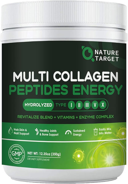 NATURE TARGET Multi-Collagen-Peptides-Powder - Hydrolyzed Collagen with Energy Blend + Multivitamin & Minerals, Supports Energy Skin Hair Nail & Joint, Non-GMO, 35 Servings