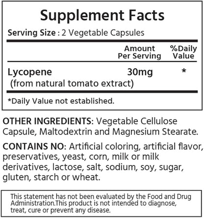 Natural Lycopene 30 mg 240 Vegetable Capsules. All-Natural from Tomatoes. Antioxidant & Immune Support, Cardiovascular Health & Prostate Health.